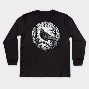 Raven In The Blackbird Forest Linocut Crow Kids Long Sleeve T-Shirt